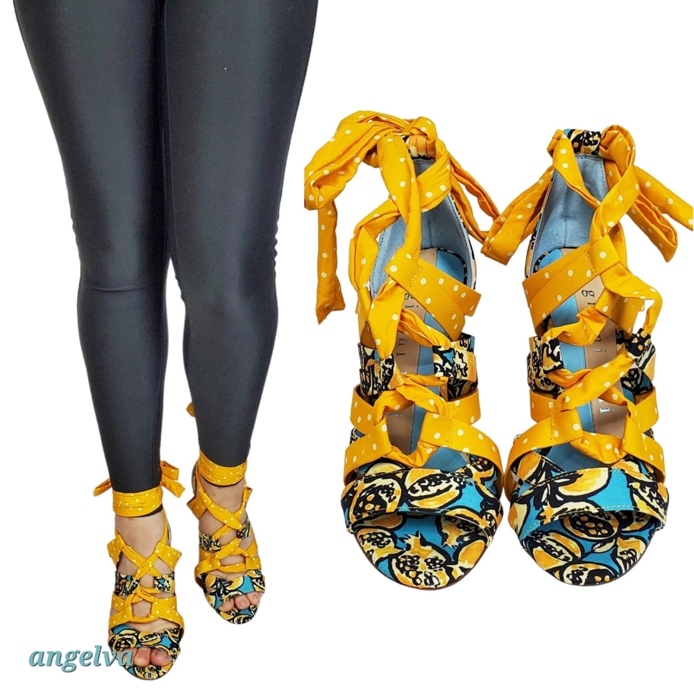 Gianni Bini Yellow Patterned Wrap-Heel Sandals - Picture 4 of 13